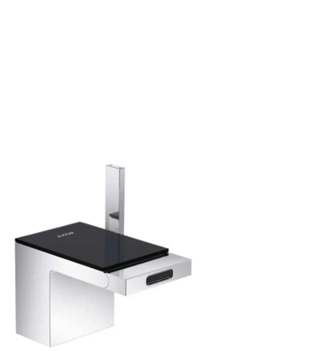 Einhebel-Bidetmischer mit einer schwarzen Glasfläche und chromfarbener Oberfläche, ausgestattet mit einer Push-Open Ablaufgarnitur. Design von AXOR.